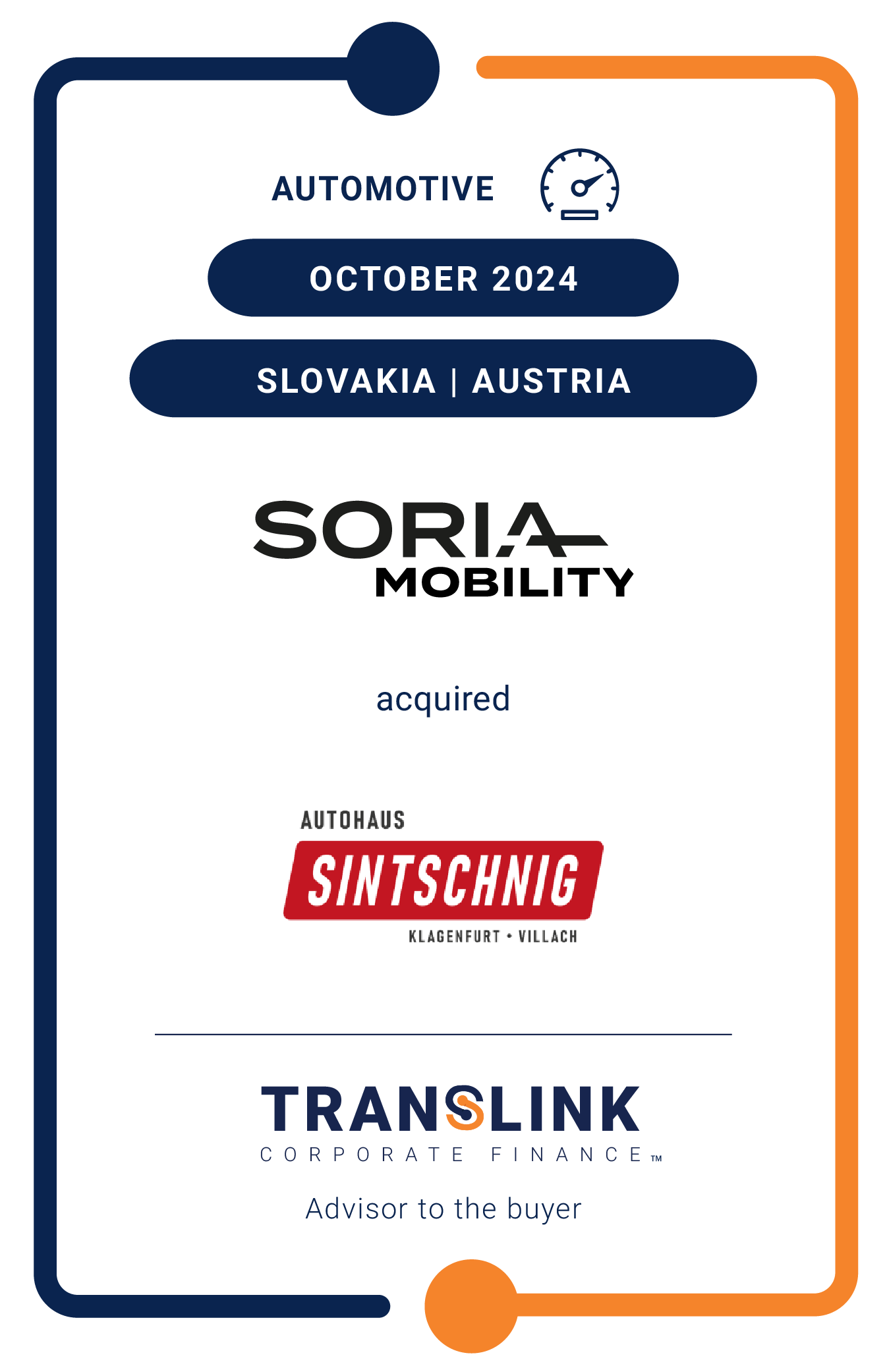Translink Corporate Finance advised SORIA mobility in the acquisition of Sintschnig GmbH